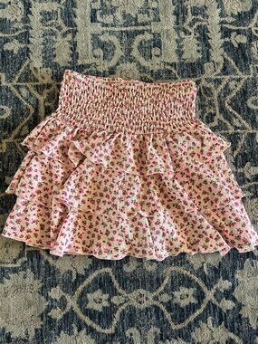 Girls Smocked Ruffle Floral Mini Skirt - Pink